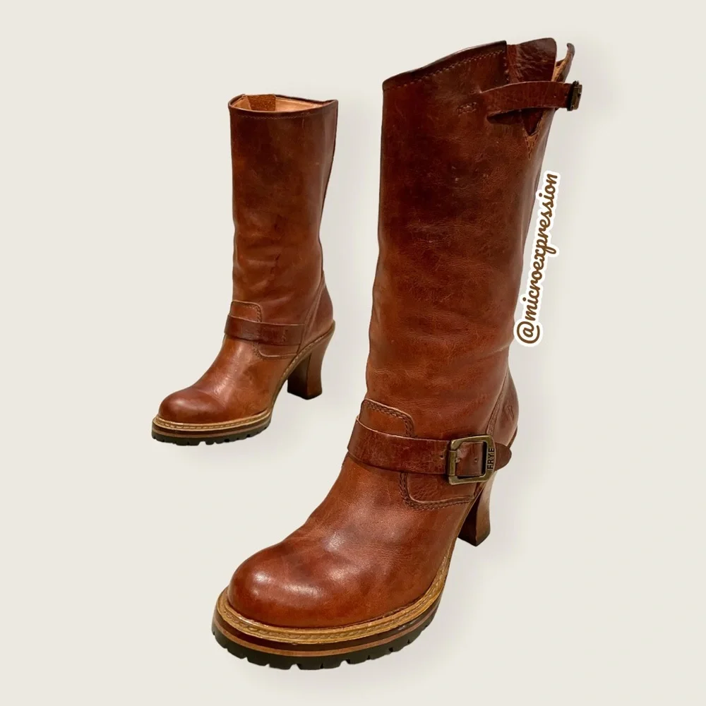 $388 Frye Mildred Brown English Engineer Leather Buckled Heeled Riding Boots
